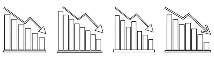 A continuous single-line drawing of a bar chart with a downward arrow, symbolizing business decline, negative growth, or financial downturn. Simple and minimalistic illustration. vector