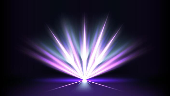 Dynamic light display with purple and blue rays illuminating a dark background in an artistic performance.