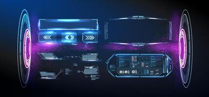 Futuristic interface design featuring detailed schematics and holographic elements in a high-tech environment. vector