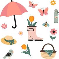 Spring cute picnic flat cozy set illustration tulip, rubber boot with a flower, butterflies, and a bird. Bright springtime elements in pastel tones are perfect for card design vector