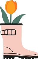 A charming rubber boot planter featuring a bright tulip flower, creating a playful and colorful touch. Ideal for garden and home decor project, this illustration design vector