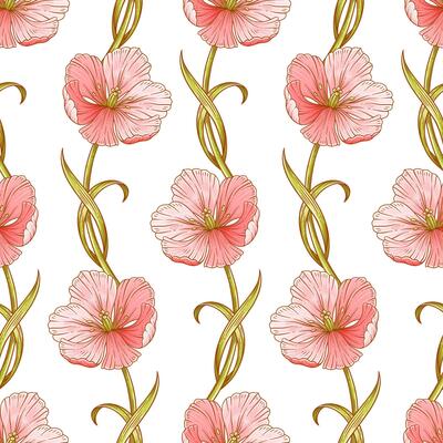 Floral seamless pattern with tulips. Beautiful graceful flowers with leaves. Spring or summer vintage wallpaper, template for fashion design. Botanical print on white background