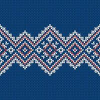 Scandinavian knitted seamless pattern. Norwegian native style sweater, ornament with snowflakes. Fair Isle design. Wool texture. Winter holiday background, blue vector