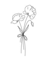 Wildflower black line art bouquet on white background. Hand drawn flowers, meadow herbs, wild plants, and botanical elements for design projects vector