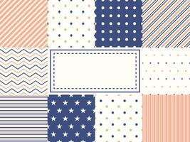 Set of ten simple seamless patterns in retro soft colors red, blue, white. Classic backgrounds vector