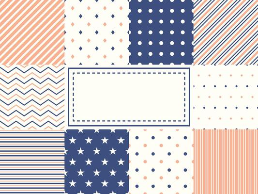 Set of ten simple seamless patterns in retro soft colors red, blue, white. Classic backgrounds