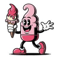 Retro ice cream character joyfully holding a cone with pink swirl delight in a cartoon style illustration vector