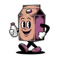Retro character of a cartoon milk carton happily walking while holding a bottle of milk vector