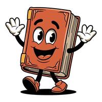 retro character of book with cheerful expression and cartoonish features walking joyfully with raised hands vector