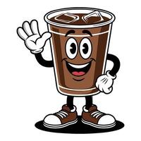 Happy iced coffee cartoon character waving on white background with cheerful expression, image vector