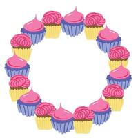 circular wreath made of colorful cupcakes with pink frosting, perfect for bakery branding, birthday invitations, greeting cards, posters, and digital designs. vector
