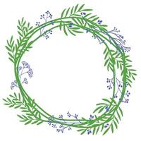 botanical wreath with green leaves and delicate blue flowers, forming a natural circular frame. Perfect for invitations, greeting cards, branding, and decor. vector