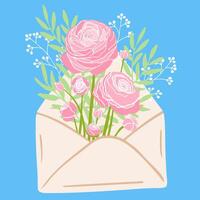 pink ranunculus flowers in an open envelope, symbolizing love and appreciation. Ideal for greeting cards, stationery, and prints. vector