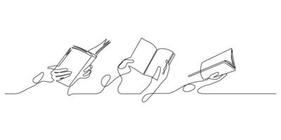 hand holding open book reading one line drawing vector