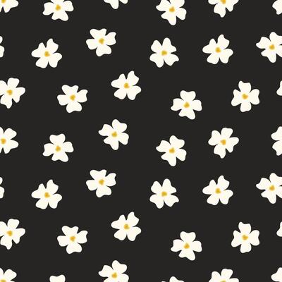 Seamless pattern of cartoon little white flowers on black background. Simple modern abstract floral print design.