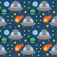 Space Seamless Pattern with funny cat in UFO spaceship, Planets and Stars, Constellation. Background for Kids Design. Flat Illustration. vector