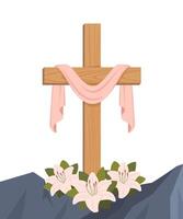 Cross of Jesus Christ, lily flowers against the background of the mountain. Happy Easter. Christian card template. He has risen. vector