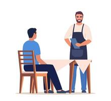 Waiter with menu taking order. Restaurant staff. Man sitting at the table in a restaurant, wants to have a dinner. illustration. vector