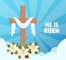 Cross of Jesus Christ, lily flowers against the background of the mountain. Happy Easter. Christian card. He has risen. vector