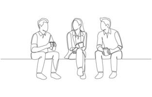Continuous one line drawing of colleagues chatting casually during coffee break, small talk during breaks at work concept, single line art vector