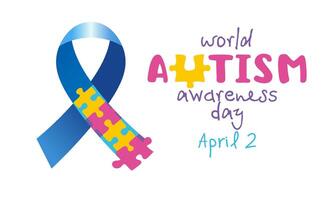 2nd of April event invitation, network poster for Autism awareness day. Creative symbol of blue ribbon loop with coloured puzzles. Medical or educational background. Artistic design. Gift card idea vector