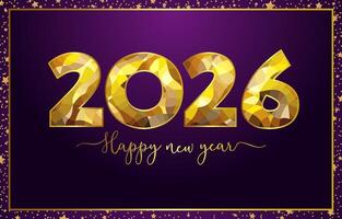 Happy New Year 2026 greeting card design. Postcard template with purple backdrop and shiny golden frame. Stained glass textured elements vector