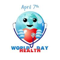 7th of April World Health Day cute poster with 3D graphic elements. Creative symbol of planet Earth holding red heart. Blue golbe with stethoscope holds heart icon. April 7th event medical banner. vector