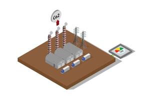 isometric illustration of a factory producing pollution and increasing global warming vector