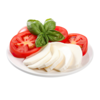Slices of mozzarella on a plate with tomatoes and basil isolated on transparent background png