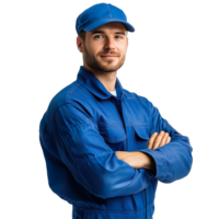 smiling young skillful worker labor technician man in blue work clothes with cap isolated on a transparent background png