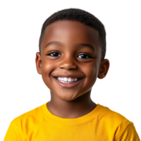 Smiling African American boy in yellow shirt, expressing happiness and joy isolated on a transparent background png