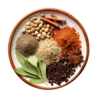 Spicy and soft Indian herbs on a plate top view isolated on transparent background png