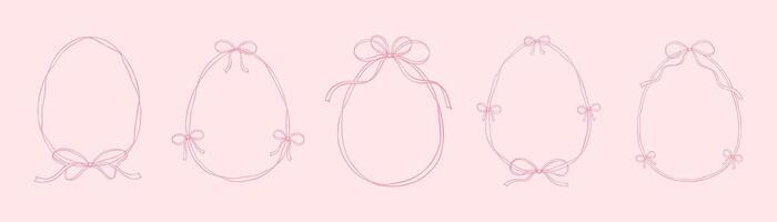 Set of hand drawn whimsical pink ribbon frames with cute bows. Easter egg shape doodle drawing. Design element for egg hunt, restaurant menu, party invitation, greeting card, promotion vector