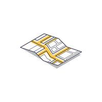 Isometric line icon of a map illustrating street layout and navigation features vector