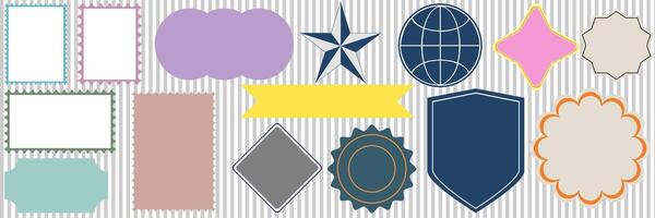 A variety of graphic elements on a striped background. They come in a variety of shapes and sizes, such as frames, circles, stars, globes, and other abstract shapes. vector