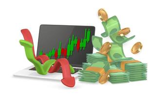 3d stock online trading, laptop, flying green dollar stack and gold coins, investment graph and flying stack of money in cartoon style. illustration vector