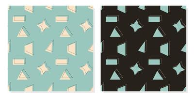 Geometric patterns with simple figures of triangle, trapezoid, rectangle, and their contours, on blue and dark background. vector