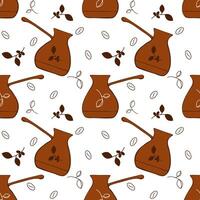 Coffee cezve and beans pattern, hand-drawn doodle drawings of coffee cezves and branches with coffee tree fruits. vector