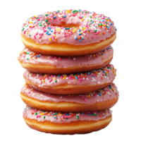 Stack of donuts with pink icing and colorful sprinkles isolated on transparent background png