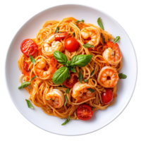 spaghetti with shrimp and tomatoes on a plate isolated on transparent background png