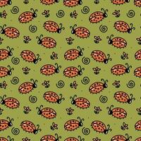 Seamless pattern in the form of a cute cartoon ladybug, flowers and dots. It can be used for textiles, backgrounds, packaging. vector