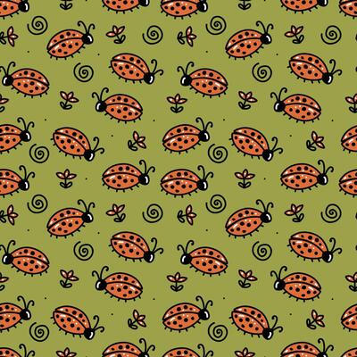 Seamless pattern in the form of a cute cartoon ladybug, flowers and dots. It can be used for textiles, backgrounds, packaging.