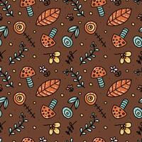 Seamless pattern with flower, mushroom and branch on brown background, illustration. Design for fabric. vector