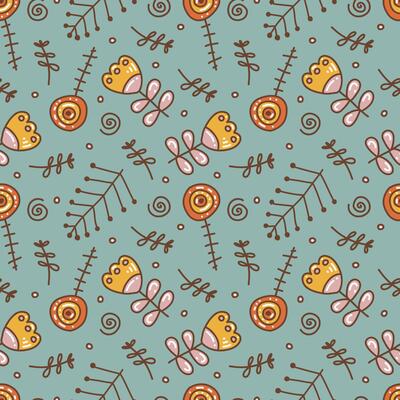 A summer pattern of flowers and doodles. Simple modern drawing. Floral texture for textiles and fashion design.