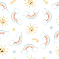Seamless pattern with cute colorful pastel rainbow with clouds on white background. Design for kids wallpaper, fabric, weather forecast and more. vector