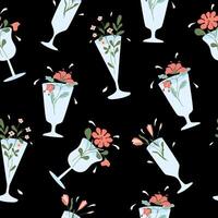 Seamless pattern with abstract spring flowers in wine drinking glass. Spring flower drink. Fashion print template. vector