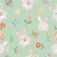 Happy easter. Seamless pattern with easter eggs, rabbit, flowers, butterfly on greenbackground. vector