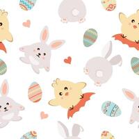 Happy easter. Seamless pattern with easter eggs, rabbit, chicken, heart on white background. vector