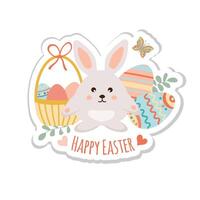Happy easter sticker. Cute little rabbit with easter eggs on white background. Can be add text. Design for banner, poster, postcard. vector