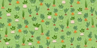 Gardening and farming concept seamless pattern. Nature background with different vegetables on green backdrop. Regenerative farming concept. vector